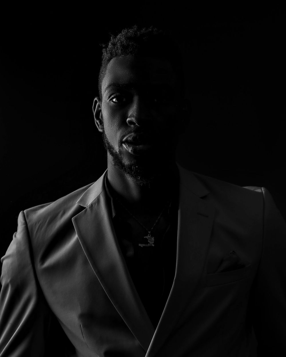 Dramatic black and white portrait series with moody shadows and lighting effects.