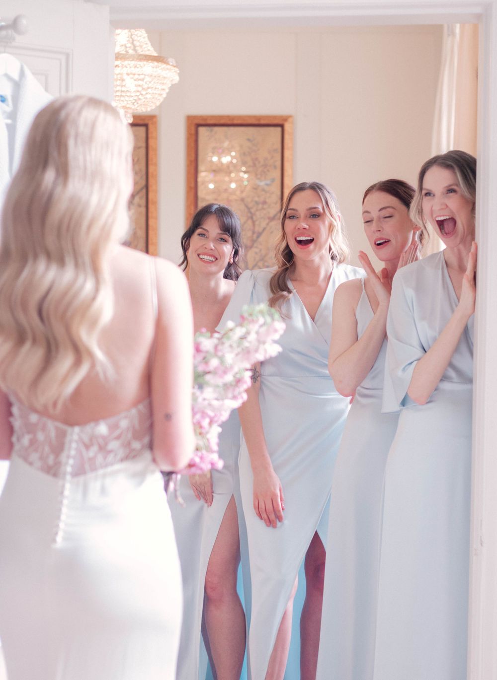 Findon place fine art wedding photographer bridesmaids first look