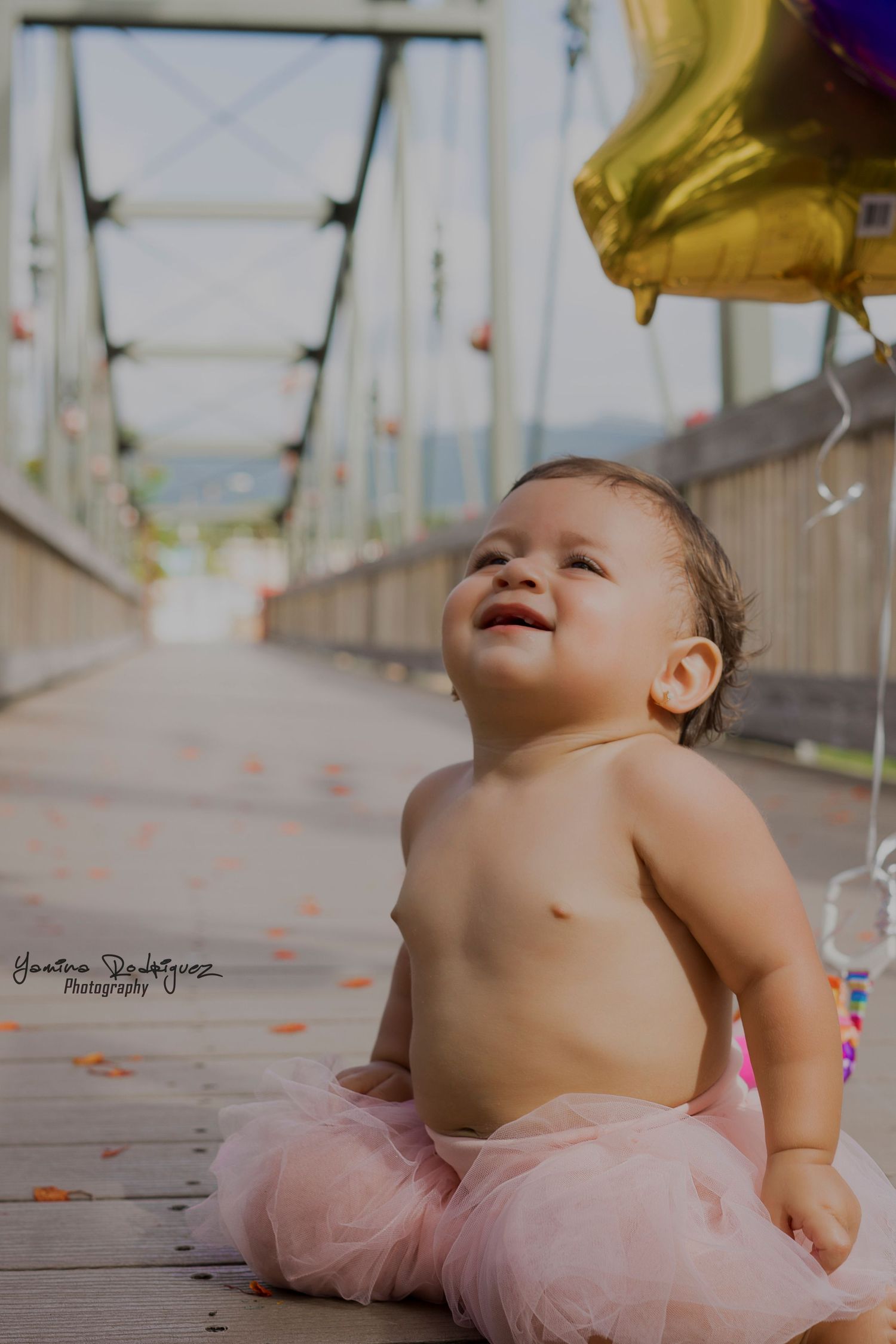 Baby wearing pink tutu sitting on wooden bridge with gold balloon in background.