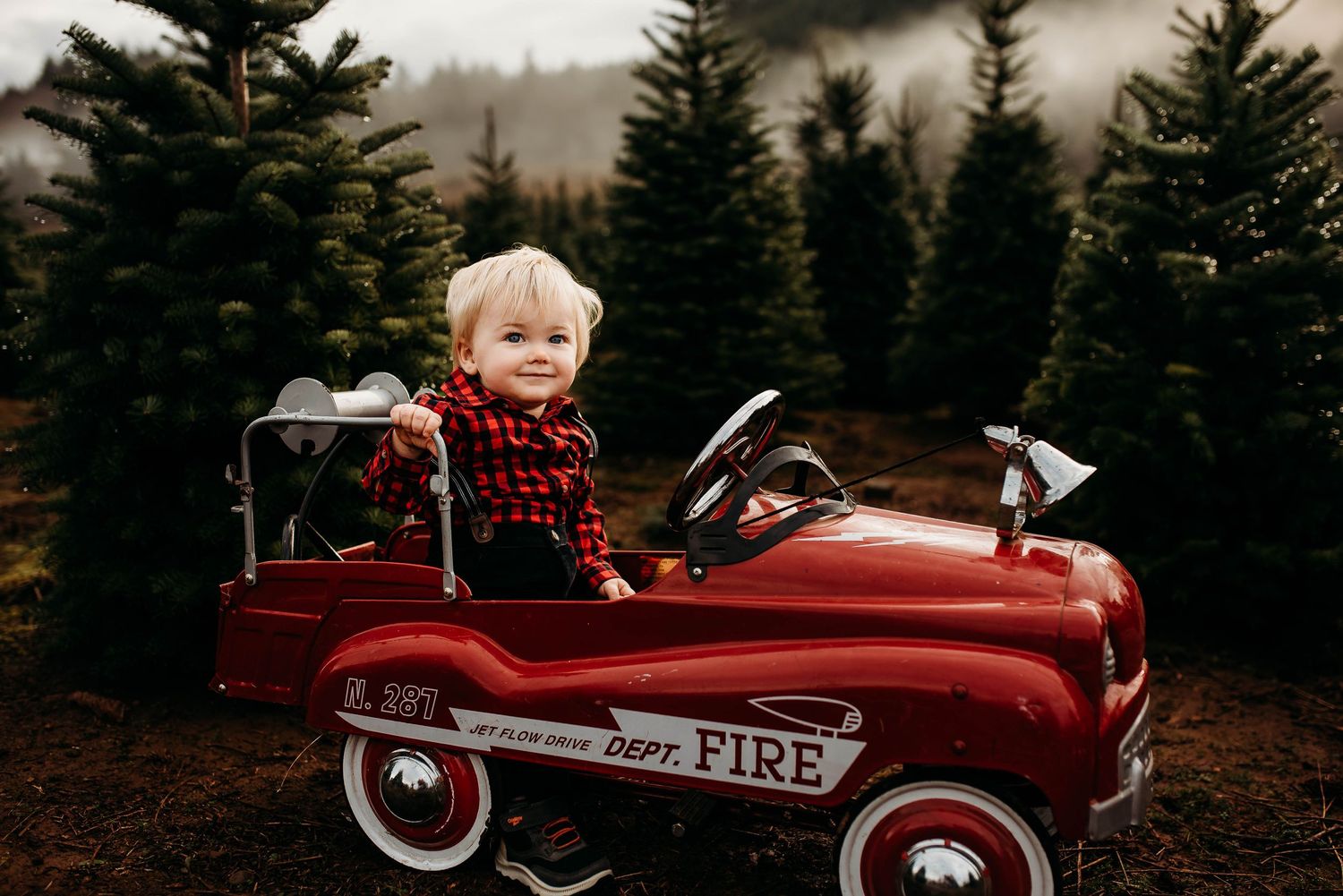 Vintage red pedal fire truck with pine trees and misty mountains in the background.