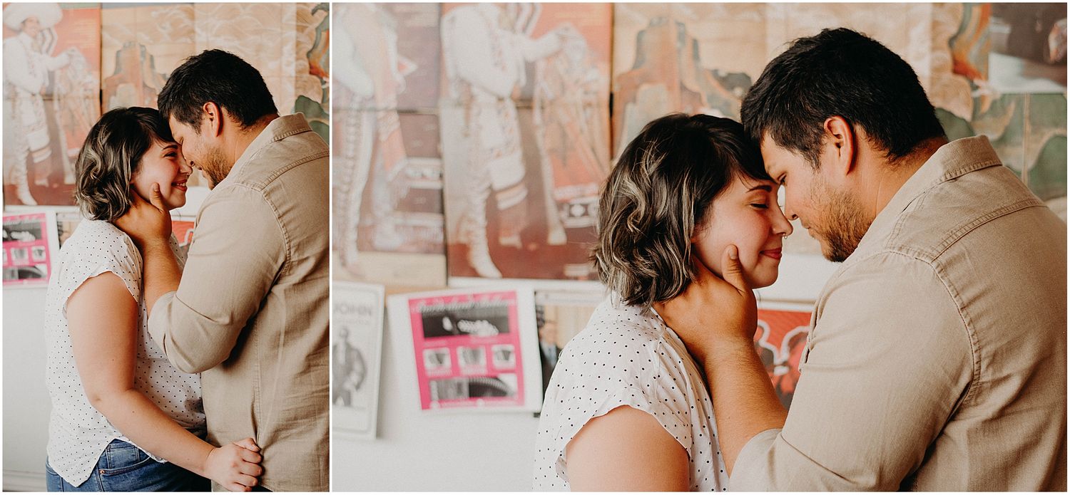 Series of intimate moments between couple posing against wall with artistic decorations.