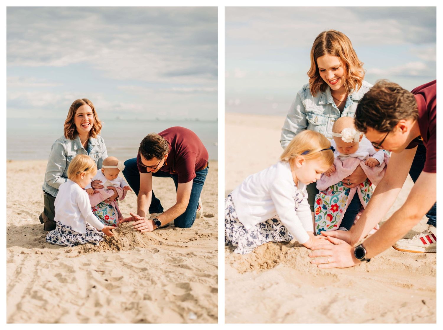 two images of mother, father, and two little girls playing in the sand at a beach