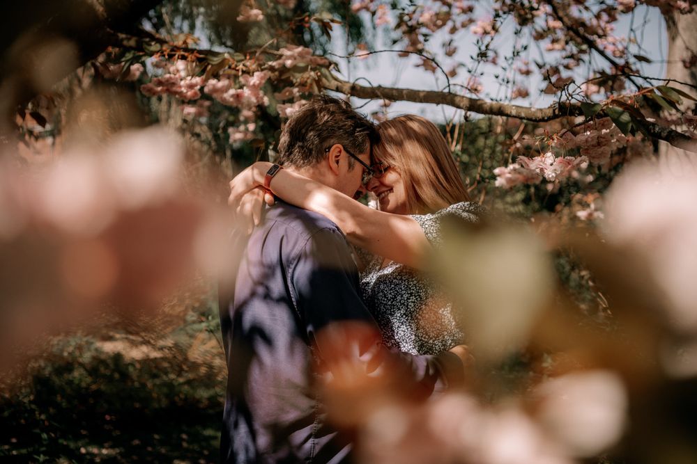 A romantic moment captured under blooming spring cherry blossoms with soft bokeh lighting effects in the background.