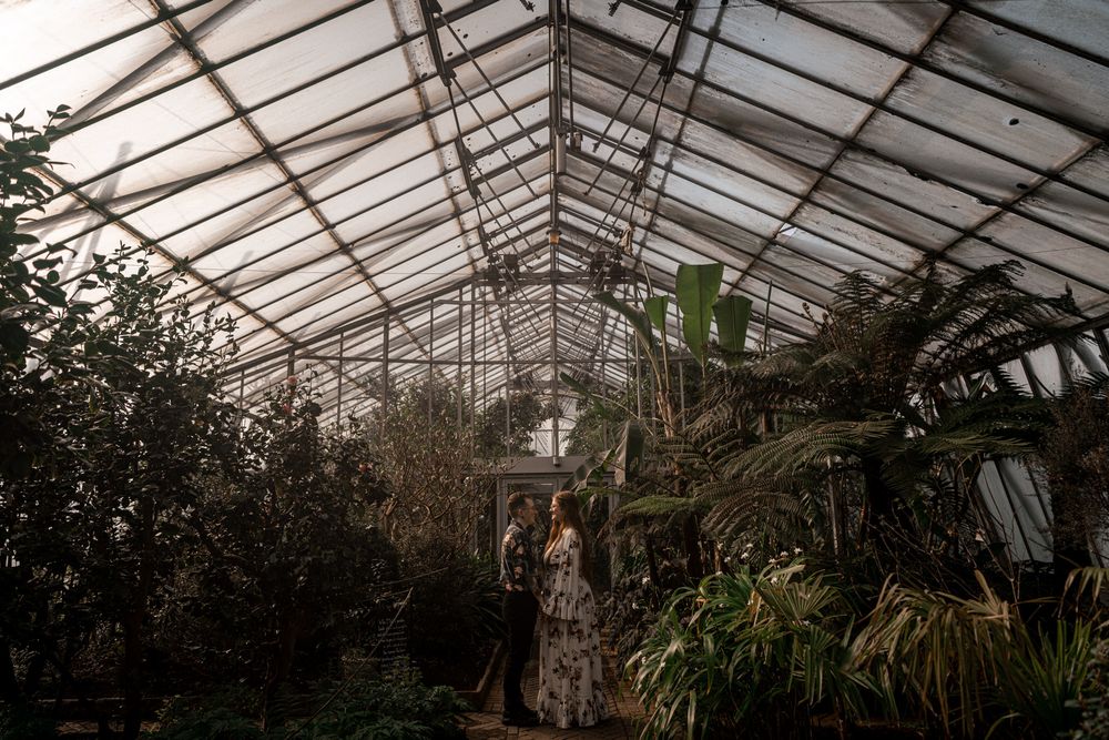 Interior view of a large greenhouse with glass ceiling and tropical plants growing inside.