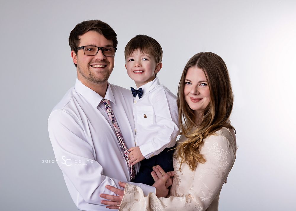A series of three casual family portrait photos against a white background showing tender moments and warm smiles.