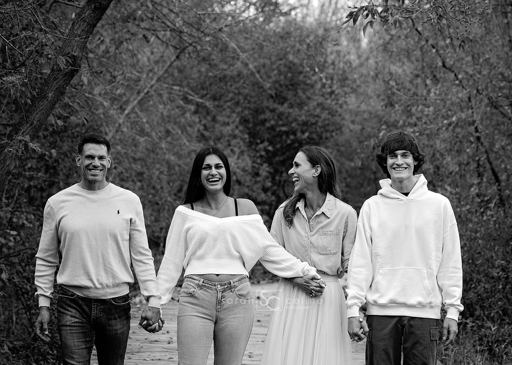 A series of black and white photographs showing people walking together in an outdoor setting.