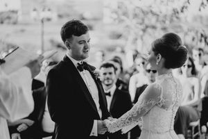 A black and white photo montage shows couples dancing together at what appears to be a wedding reception.
