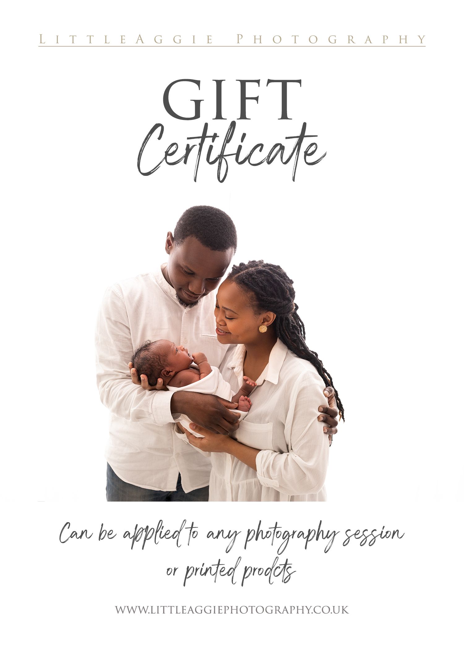 Photography gift certificate design featuring tender newborn family moment.