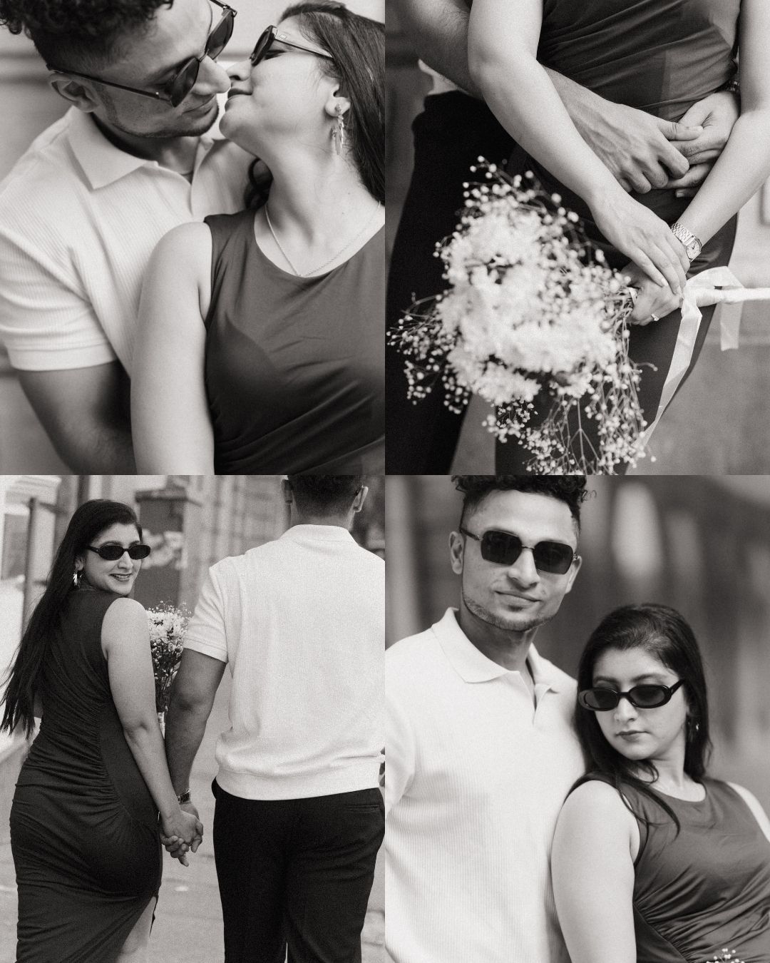 Collection of romantic black and white photos showing tender moments between a couple.