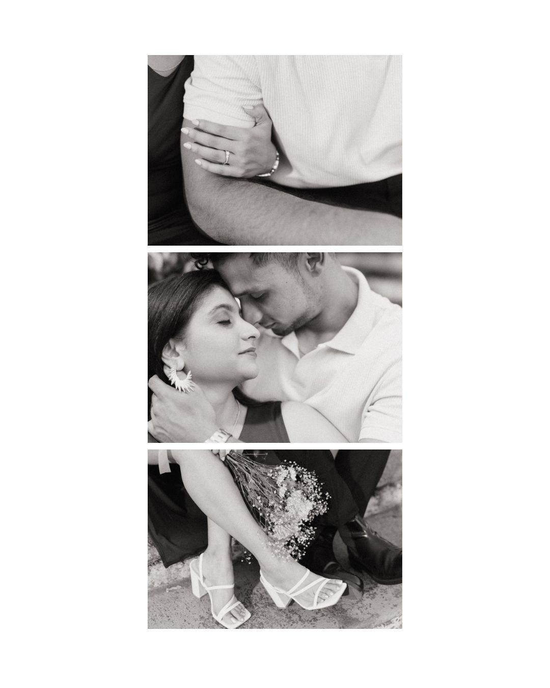 Black and white photo sequence capturing tender moments between a couple.