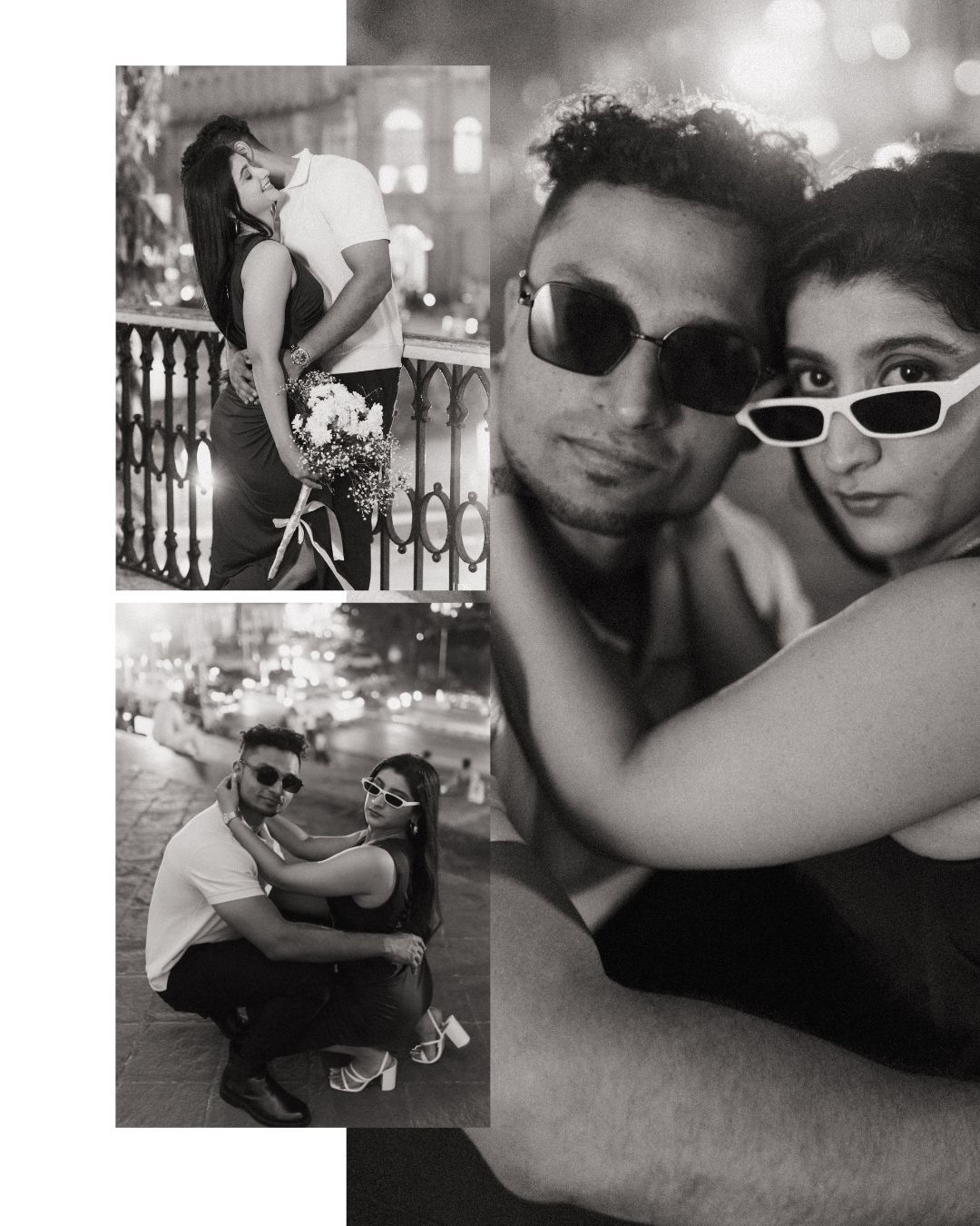 Artistic black and white photo collage showing romantic moments between a couple.