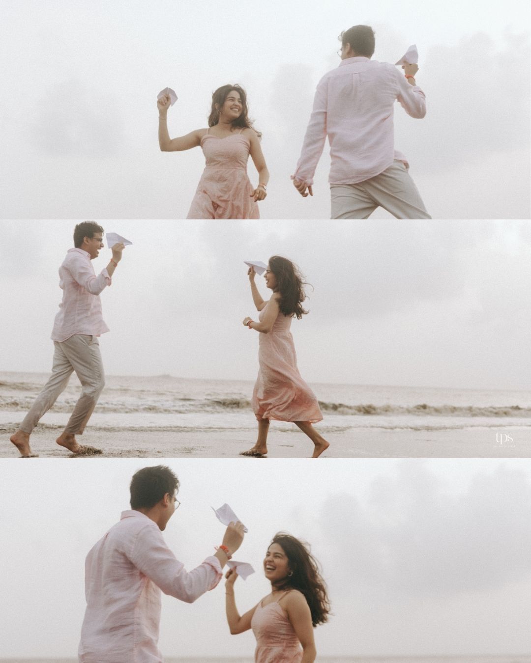 Romantic couple playing and dancing together on a misty beach at sunset.