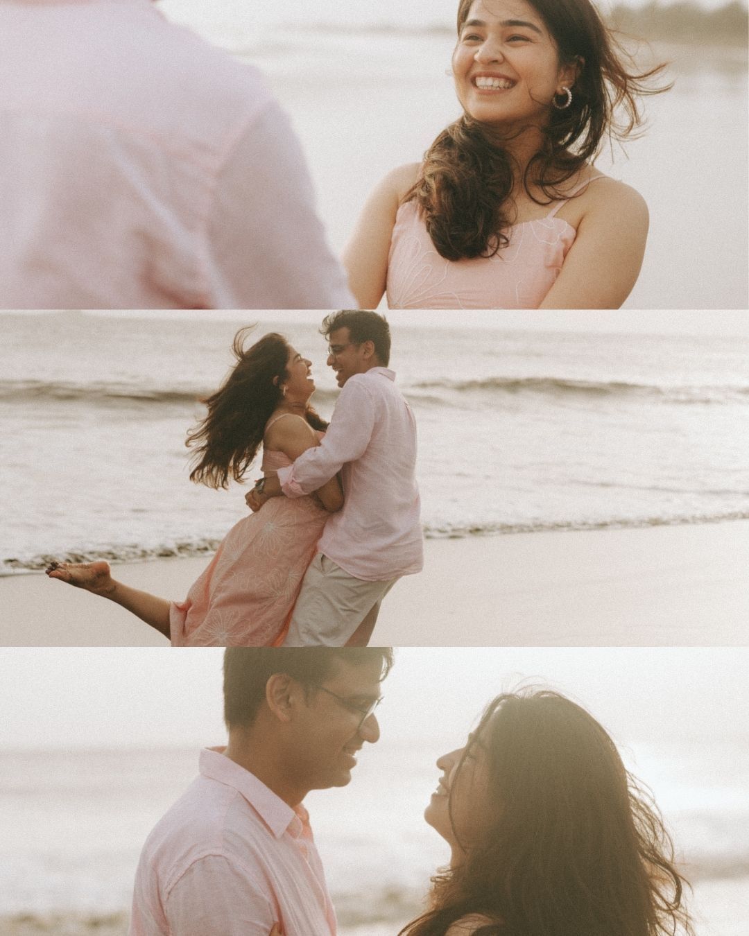 Couple sharing intimate moments on a beach during golden hour.