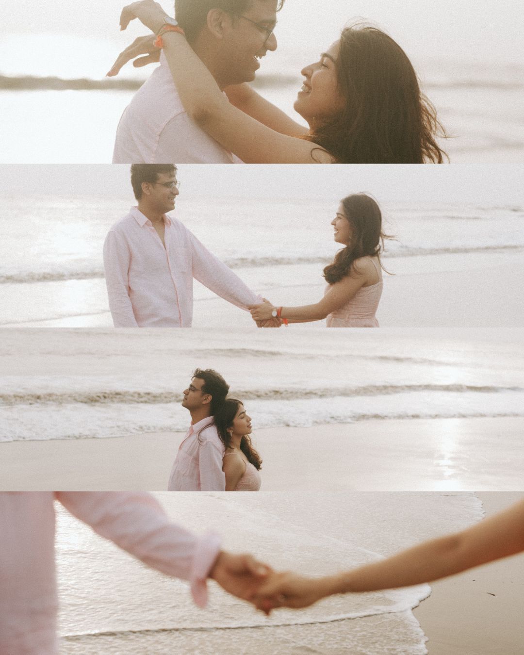 Series of romantic beach photos showing a couple dancing and holding hands.
