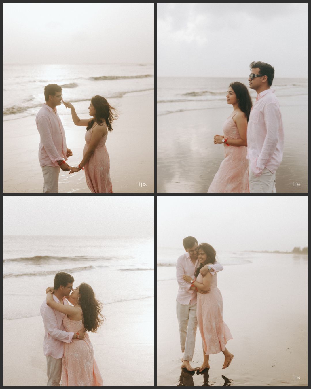 Collection of candid beach photos showing a couple's romantic moments.