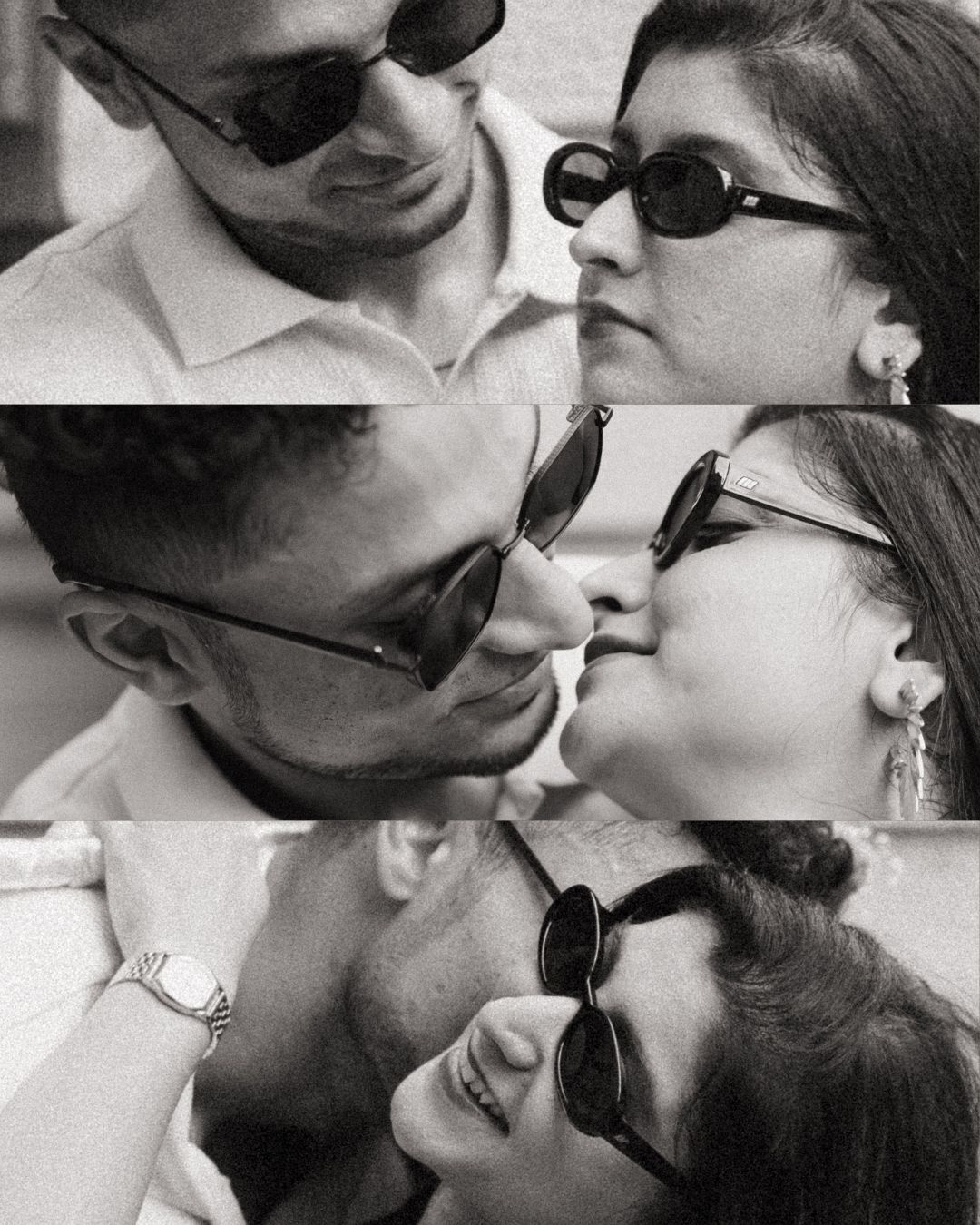 Intimate black and white portrait of a couple wearing sunglasses sharing a tender moment.
