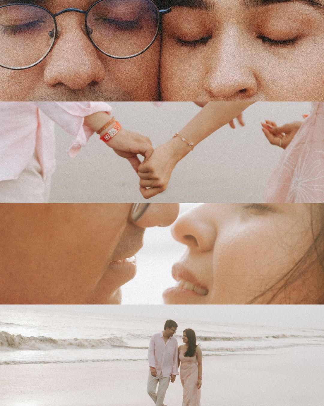Romantic close-up portraits and beach scenes in soft, dreamy lighting.