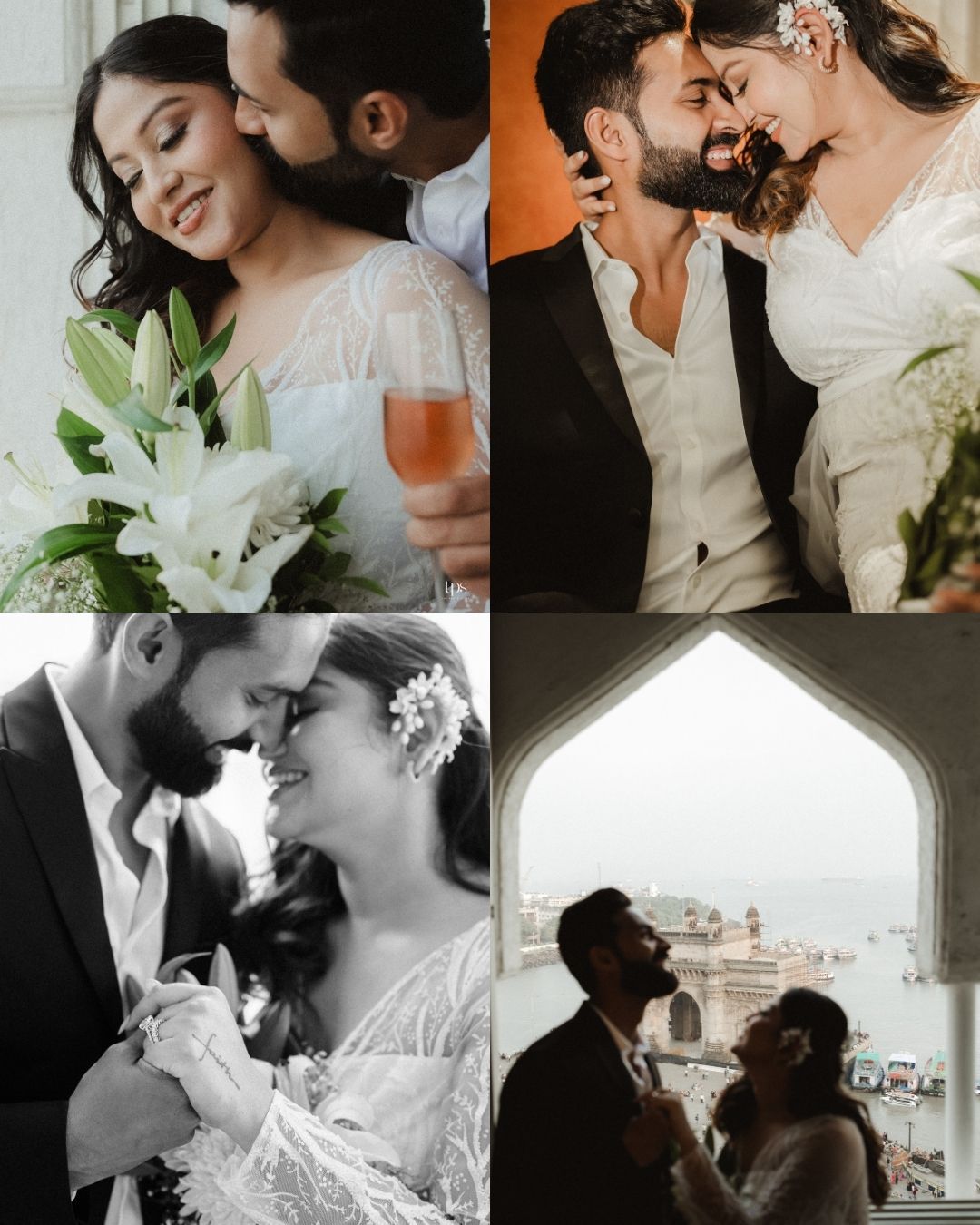 Wedding photo collage featuring intimate moments framed by architectural elements.