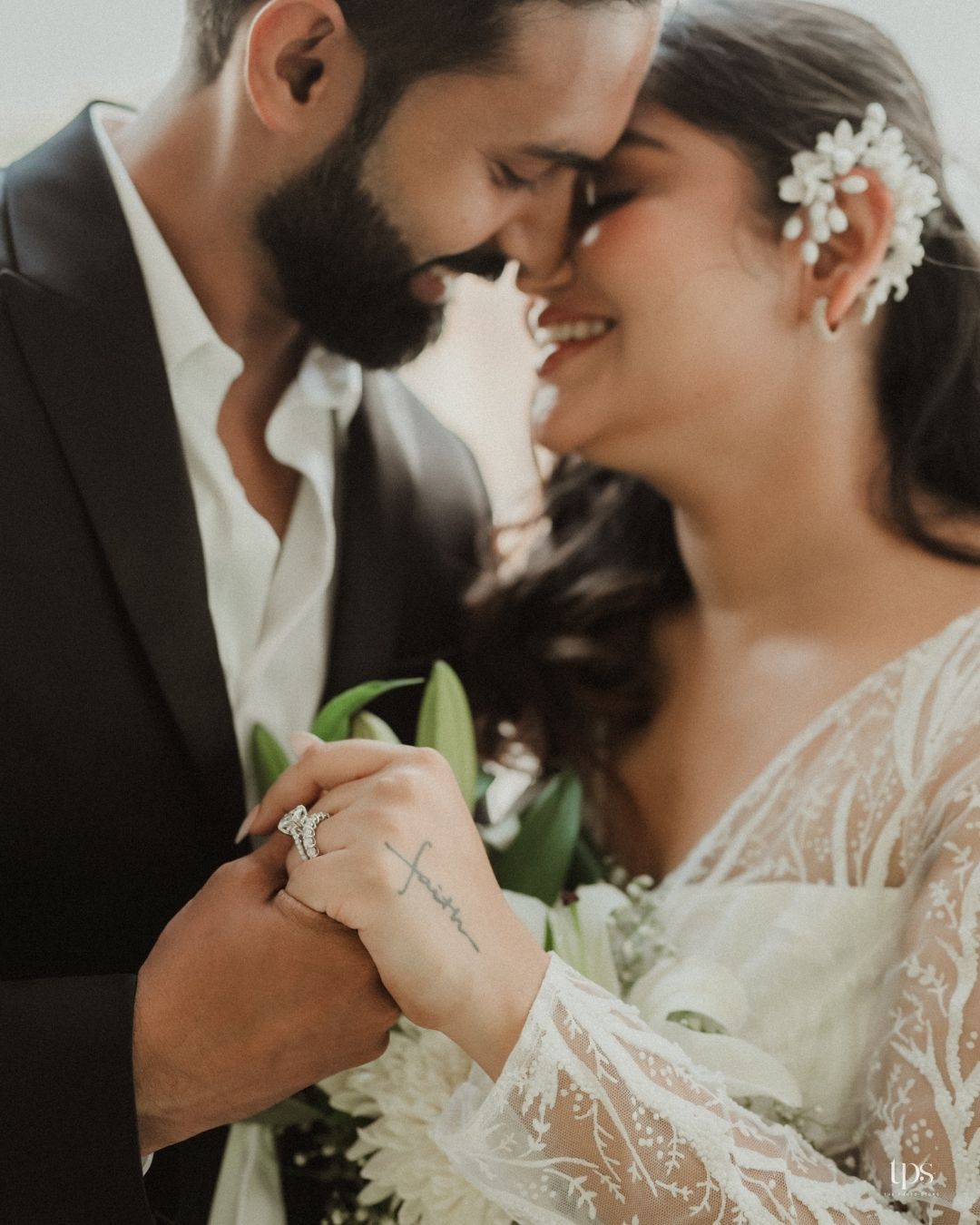 Romantic wedding couple sharing intimate moments in a series of close-up shots.