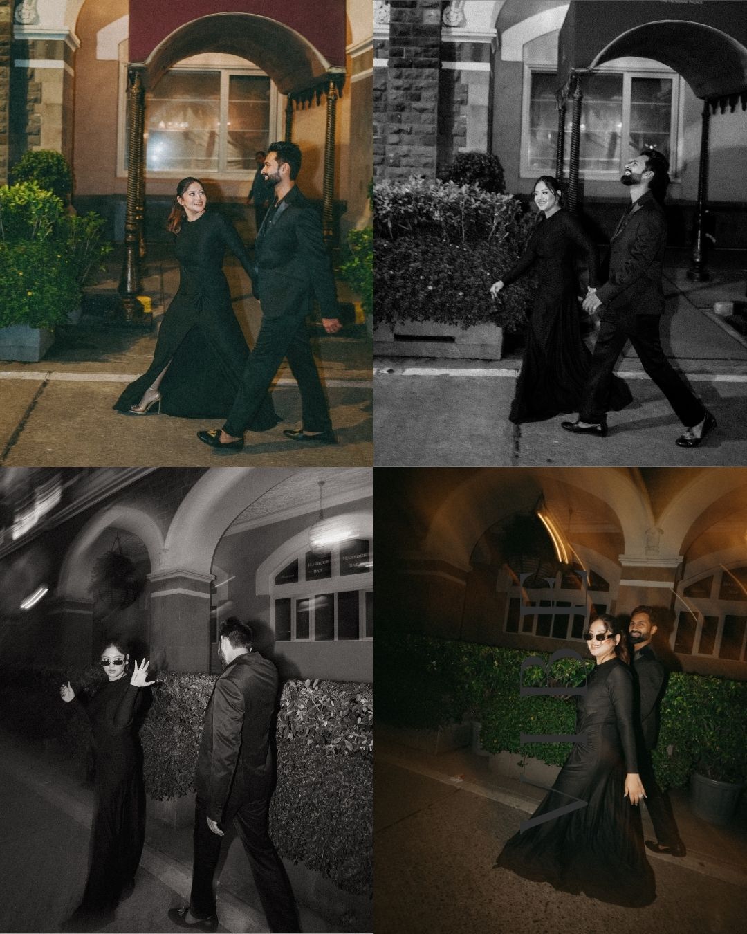 Romantic couple photos alternating between color and black and white in urban setting.
