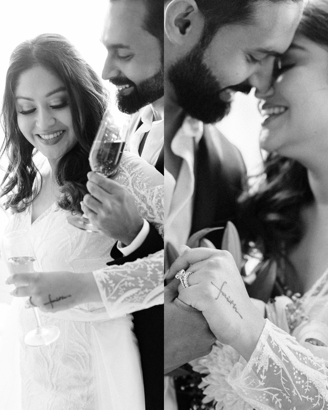 Black and white wedding portraits capturing intimate moments between bride and groom.