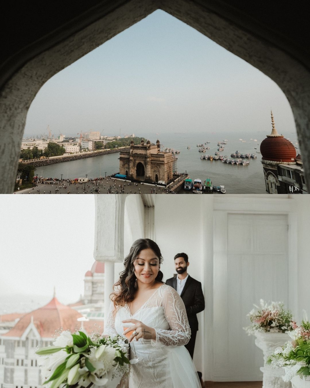 Wedding venue with arched windows overlooking city skyline and waterfront.