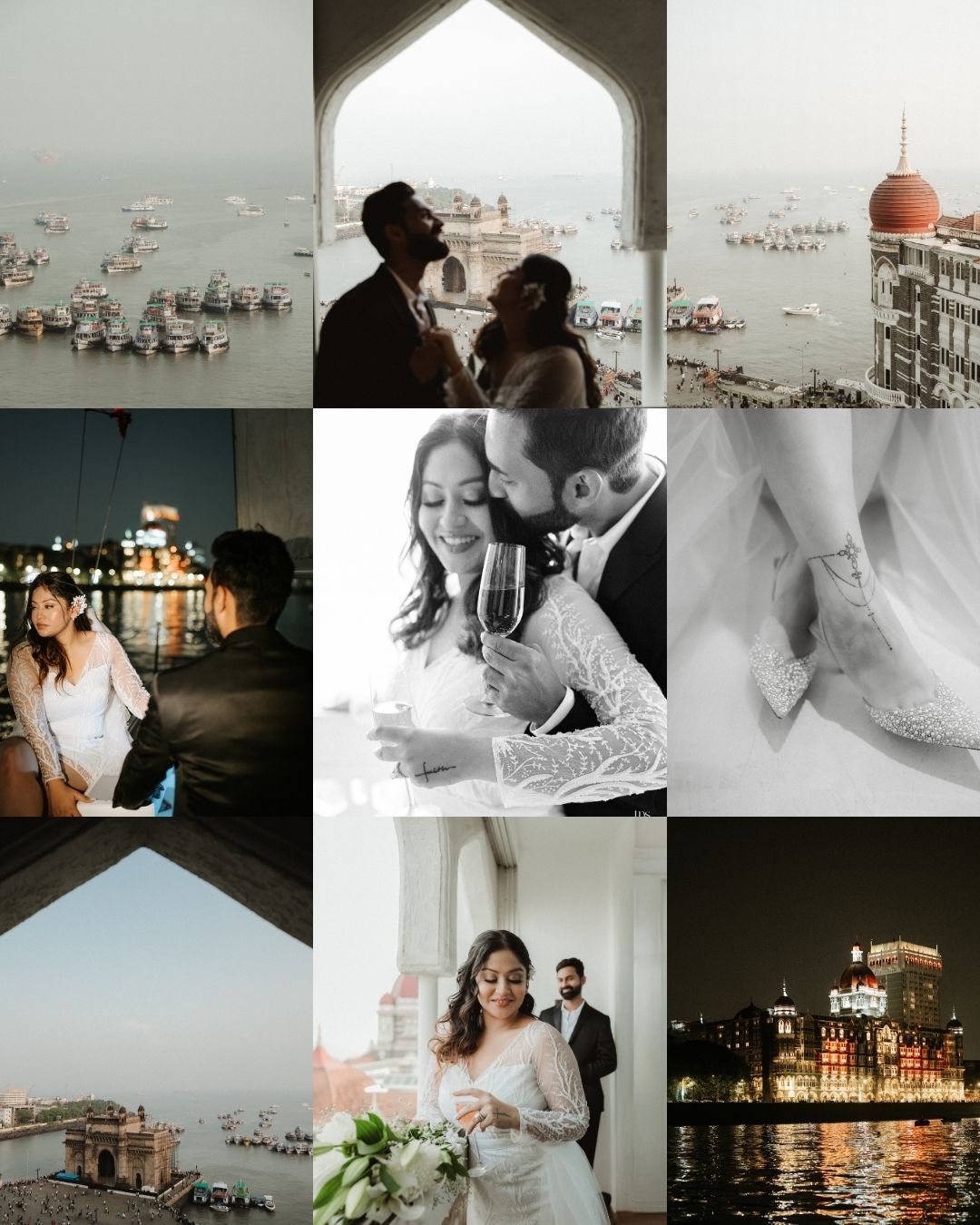 Collection of romantic wedding moments captured at seaside venue during different times of day.