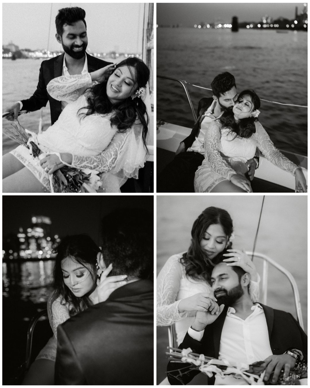 Black and white wedding photography series showing tender moments on a boat.