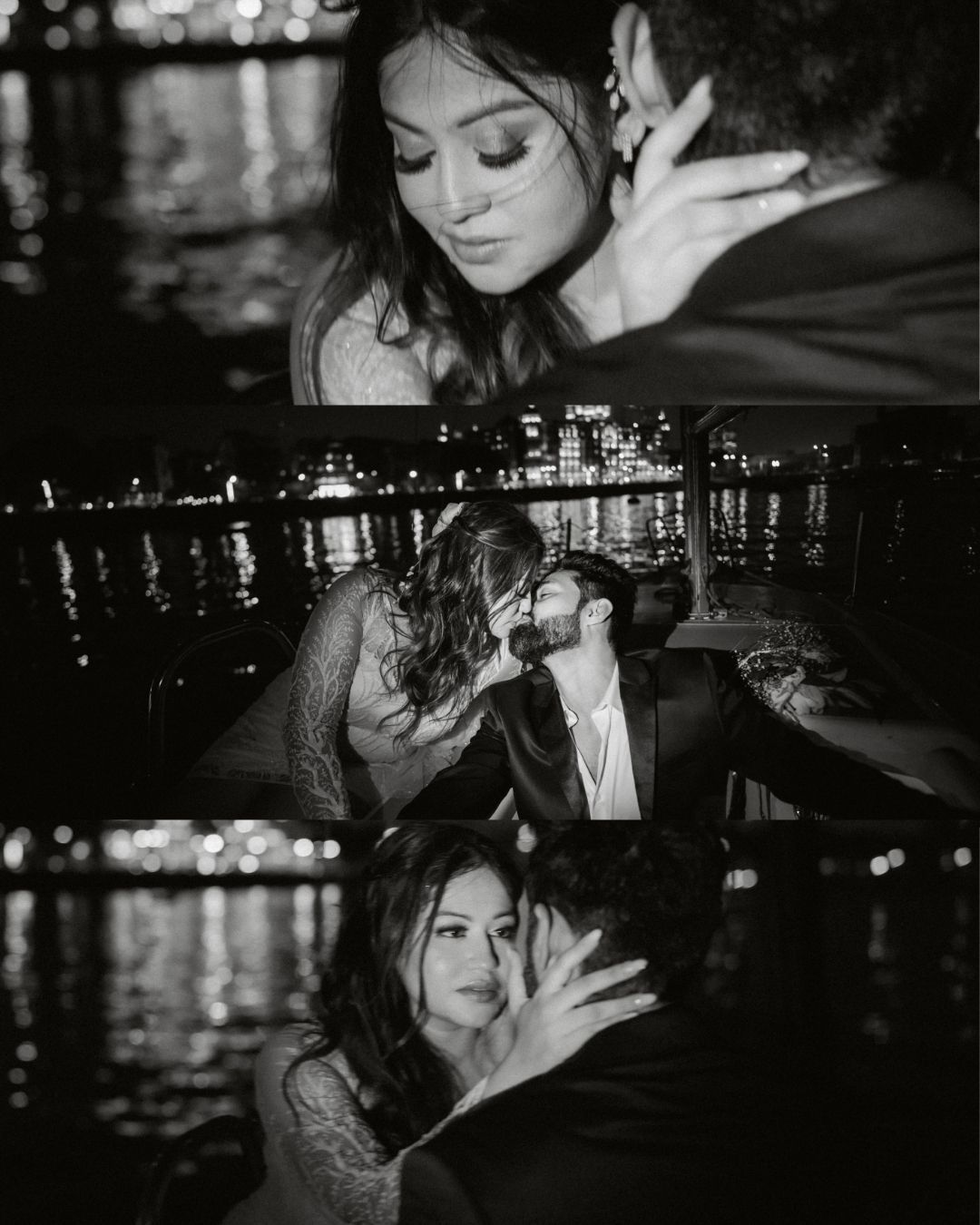 Dramatic nighttime wedding portraits with city lights in background.