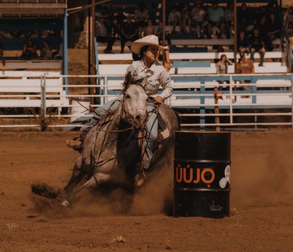 Female barrel racer on gray horse rounding barrel at crowded rodeo event.