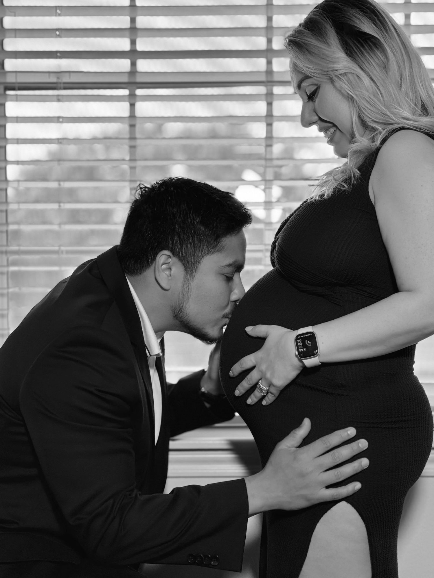 A series of tender moments showing a couple embracing during a maternity photo shoot.