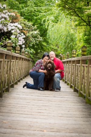 A couple posing with their brown dog on a wooden boardwalk surrounded by blooming flowers.