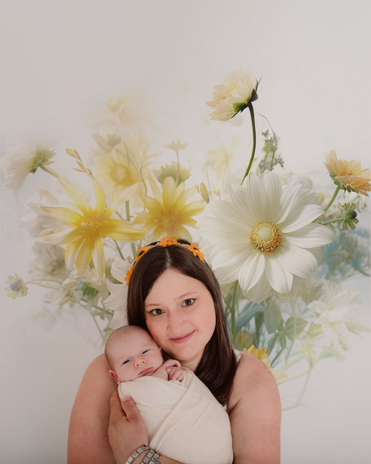 Sweet portrait session with daisies featuring loving embraces and gentle moments.