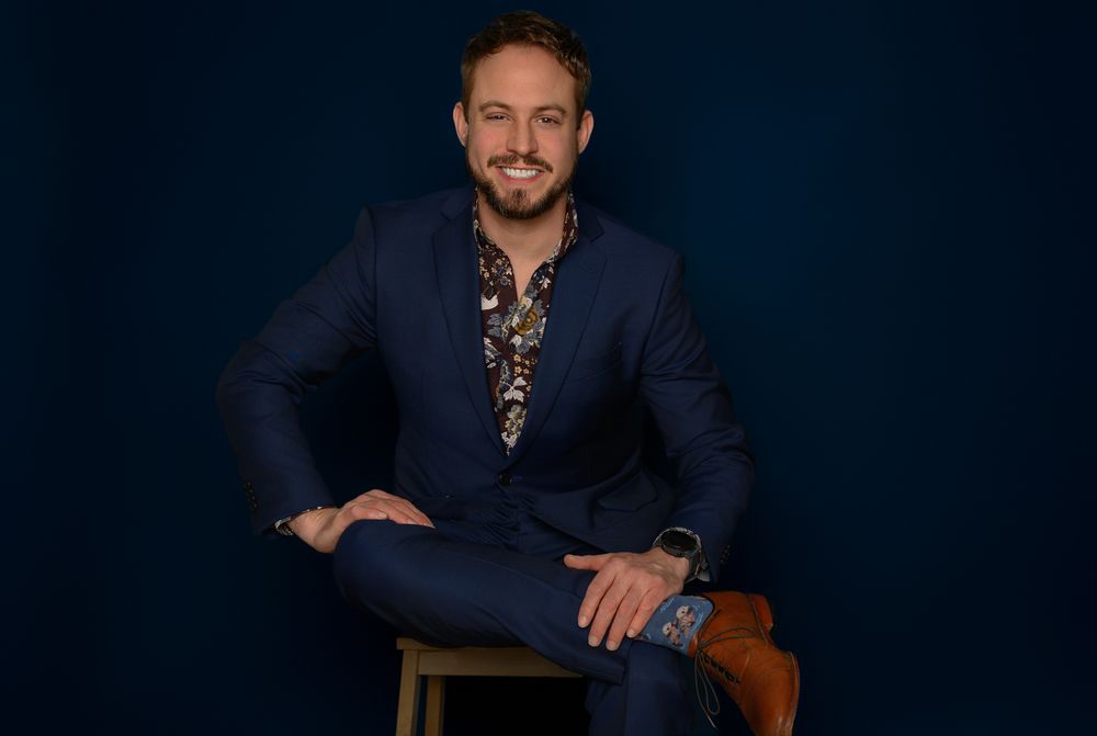 Studio portraits showing different poses in formal attire against a dark backdrop.