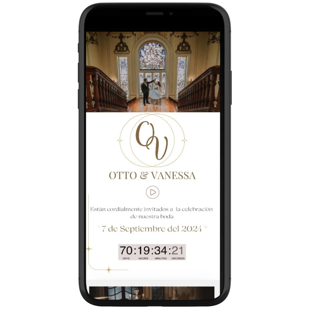 Digital wedding invitation showing couple in church with stained glass windows and countdown timer.