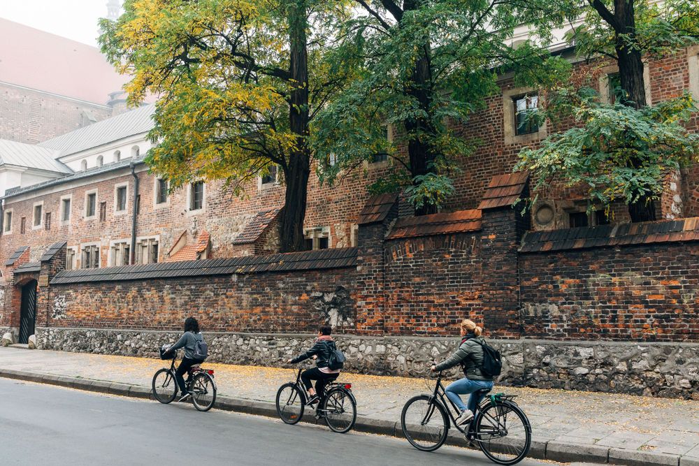 Three cyclists riding past a brick wall on an autumn street.