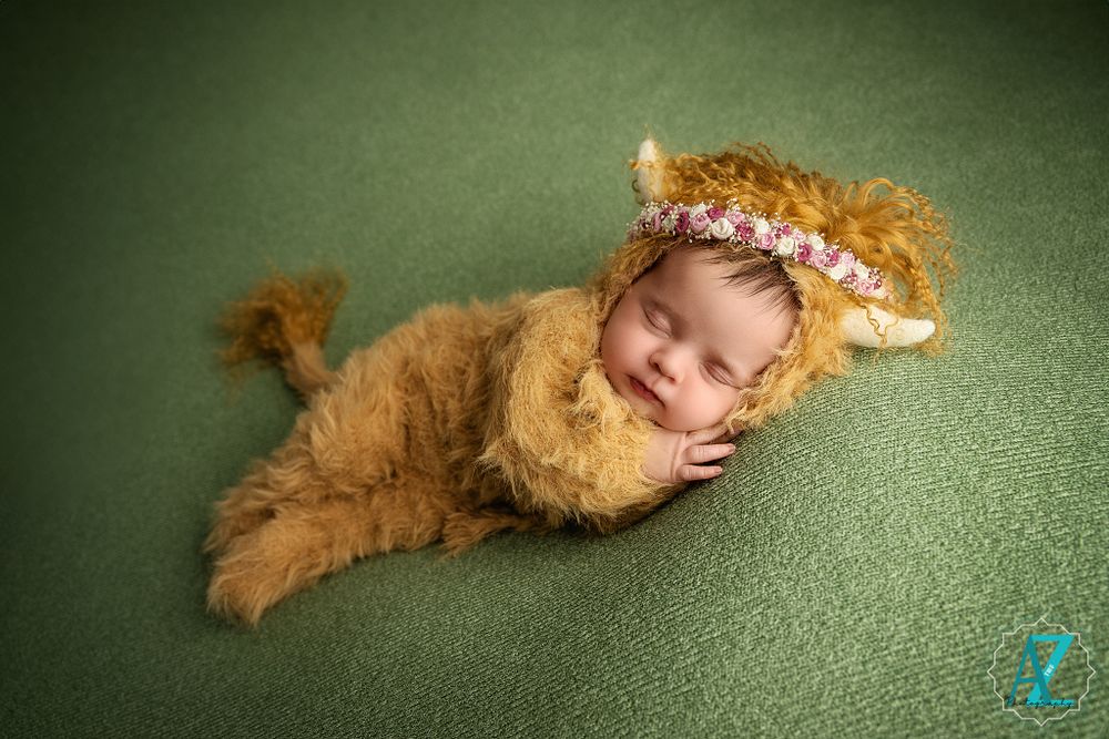 Artistic newborn portrait with gold lion costume on green backdrop.