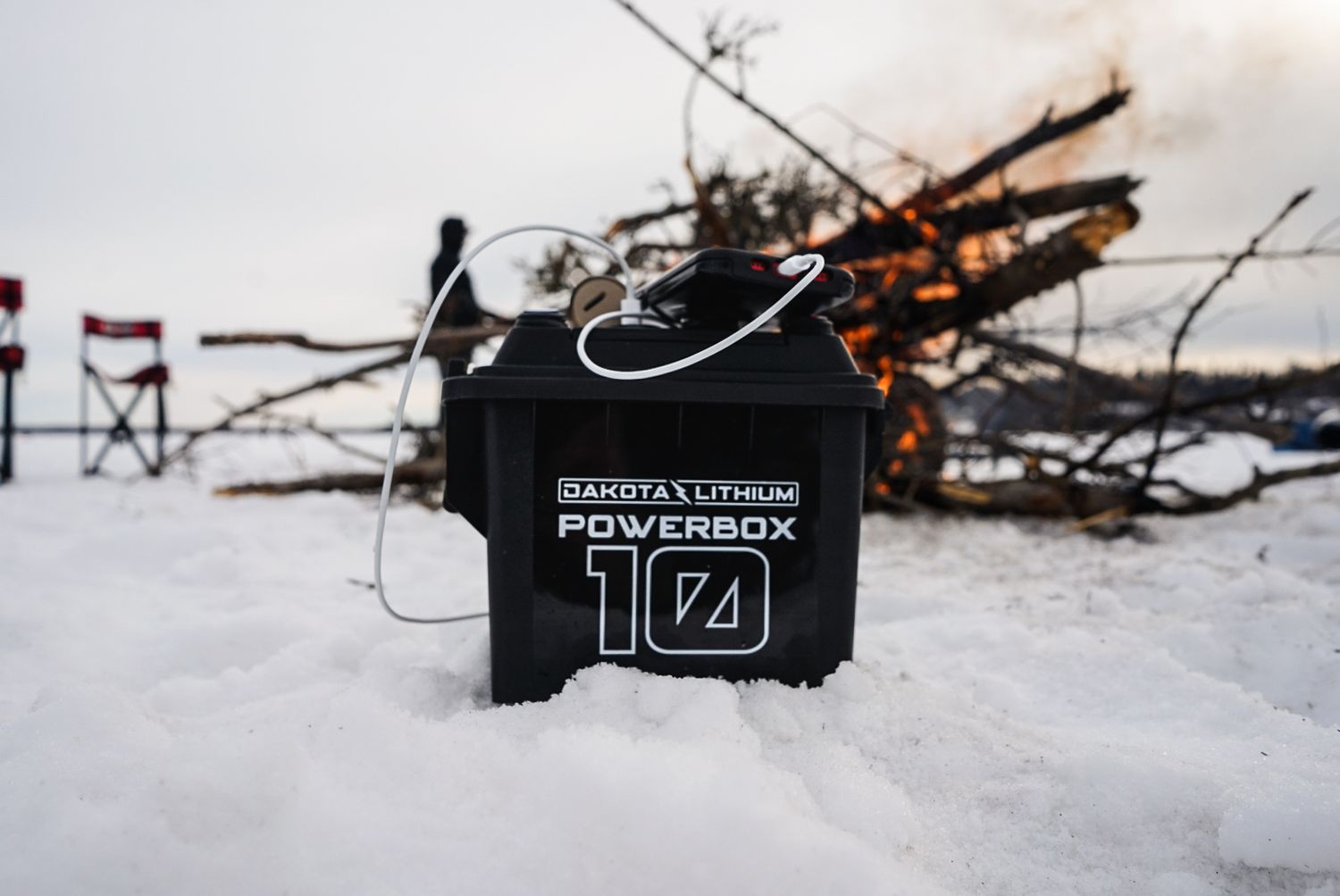 Powerbox 174 equipment displayed against snowy winter background with fishing gear.