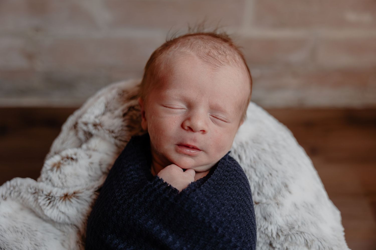 Peaceful newborn sleeping while swaddled in navy blue wrap. In studio - Oostburg, Wisconsin with Essence Rose Photography.