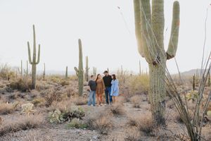 People gathered near majestic saguaro cacti in an Arizona desert setting.