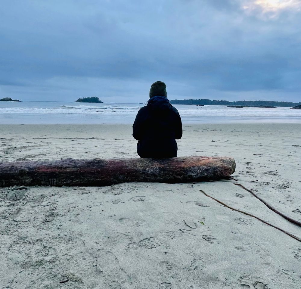 a women sits on a log at the beach.