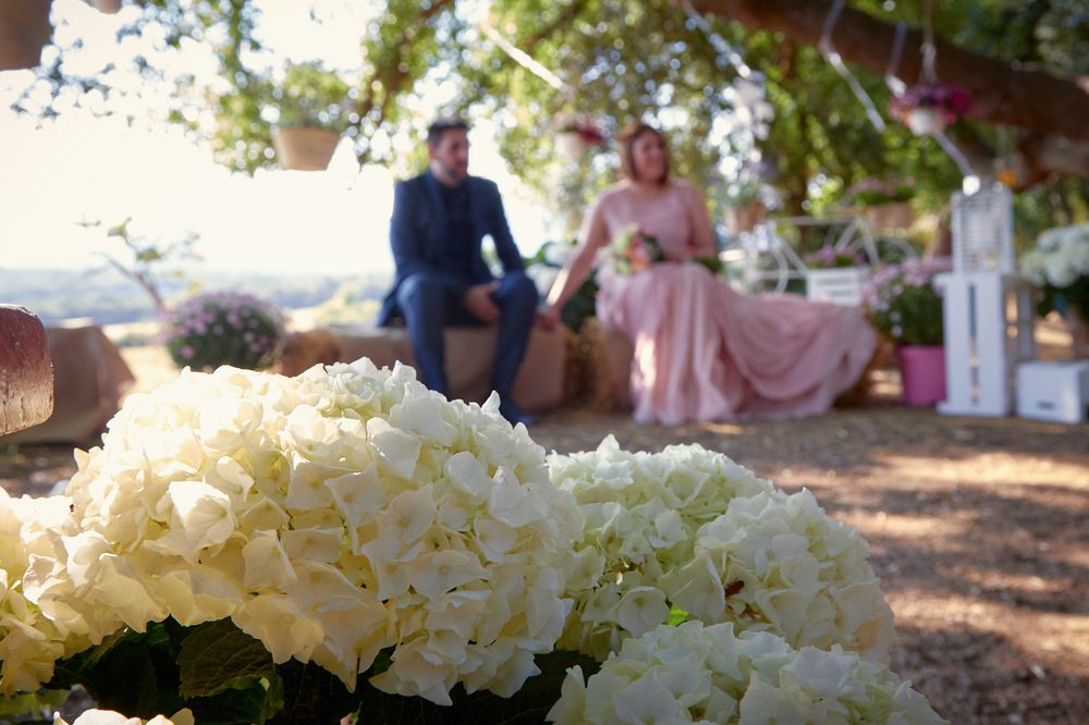Decoración de boda con flores blancas y rosas en un jardín mediterráneo