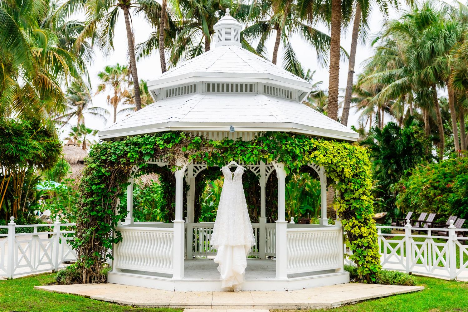 Tropical wedding venue with white gazebo and palm trees lining a beachfront ceremony location.