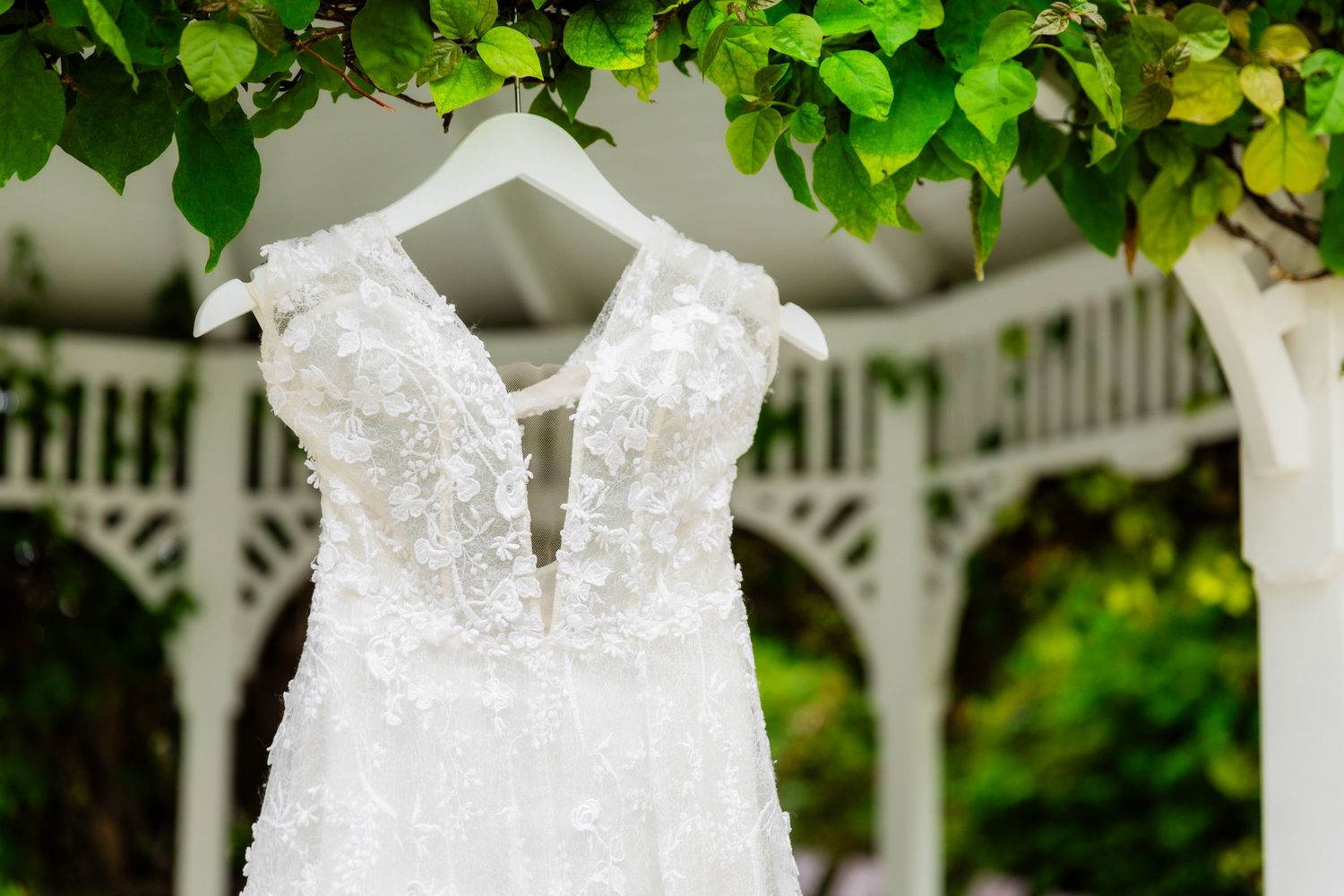 White wedding dress hanging outdoors against lush green foliage and palm trees.
