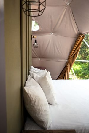 Clean white bedding and pillows inside a modern glamping dome with natural light streaming in.