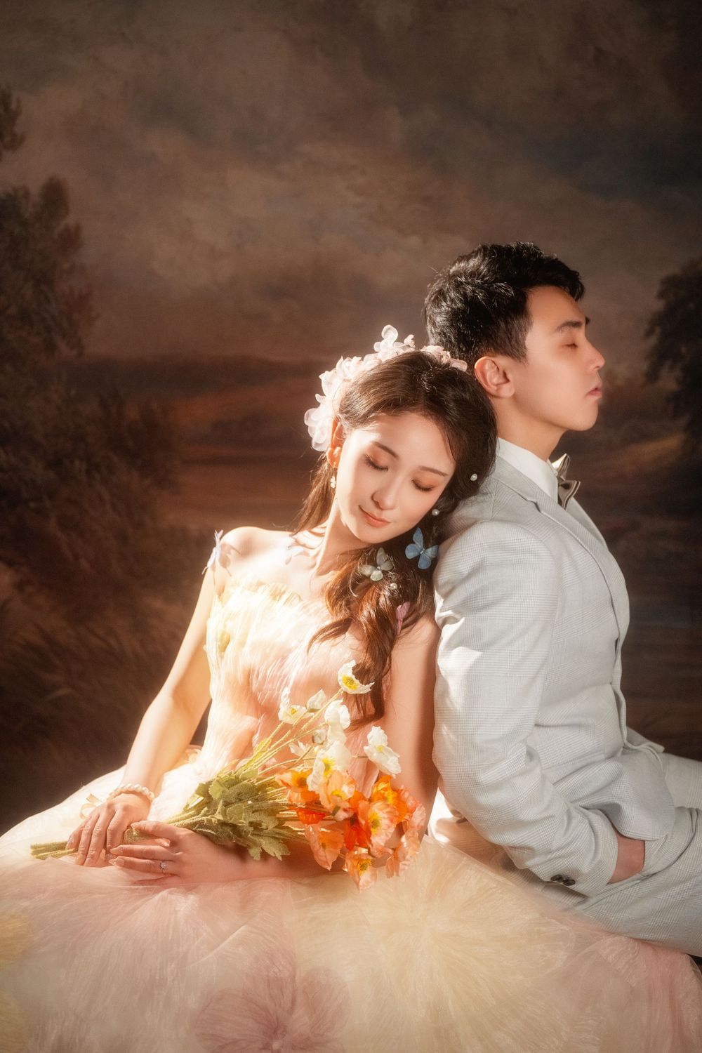 Dramatic light and shadow wedding portrait using a softbox for a moody vintage HK film look, captured by Imagine Image Studio.
