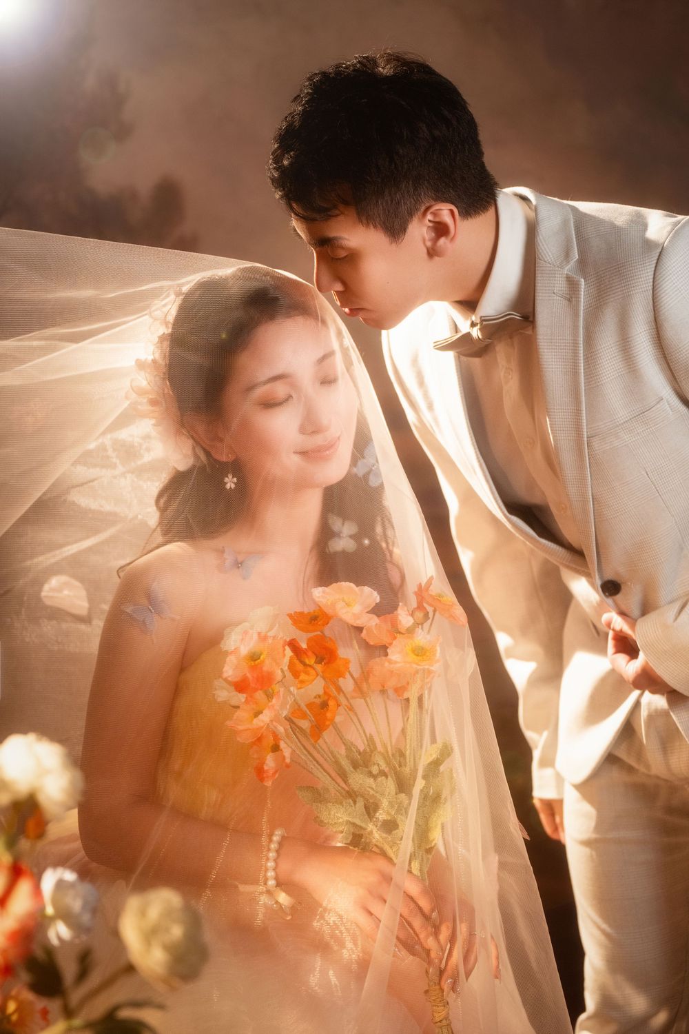 Romantic retro Hong Kong style studio wedding photography with soft diffused lighting, by Imagine Image Studio Auckland.