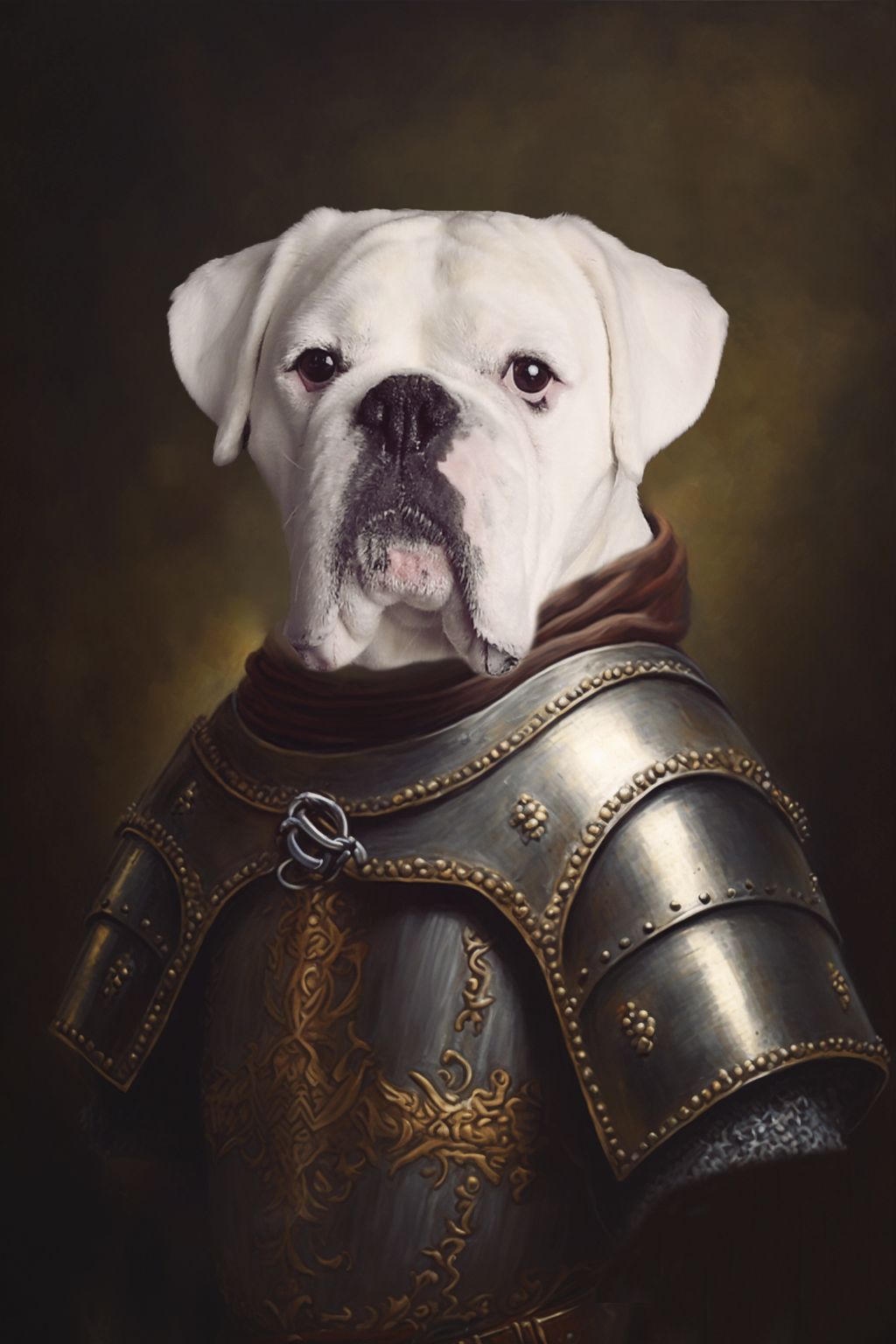 Fun digital dog portrait. Dog head is placed digitally and composited on top of a suit of armour.