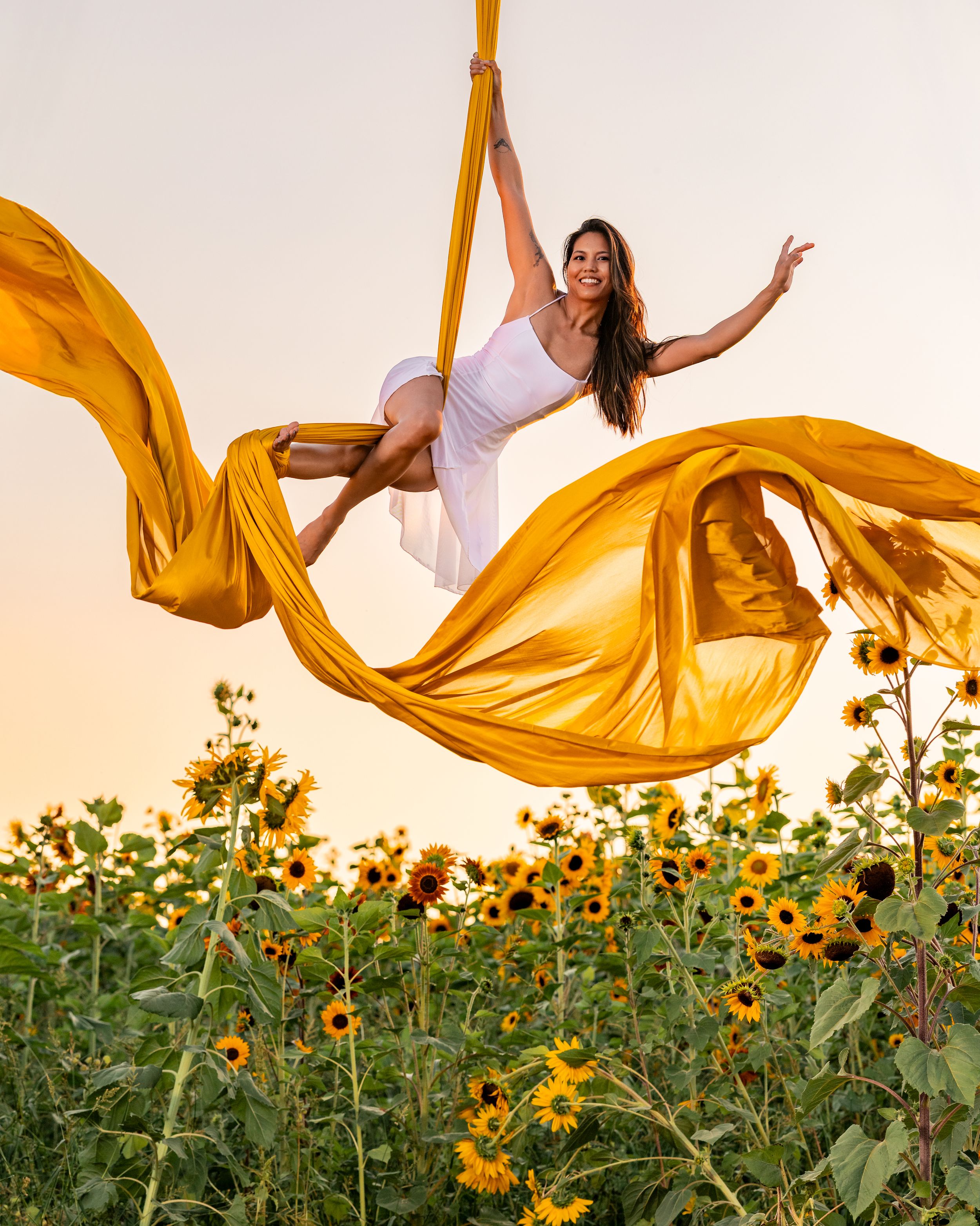 Aerialist among sunflowers; professional aerial arts photography, aerial portraits, and aerialist photoshoot captured by expert photographer