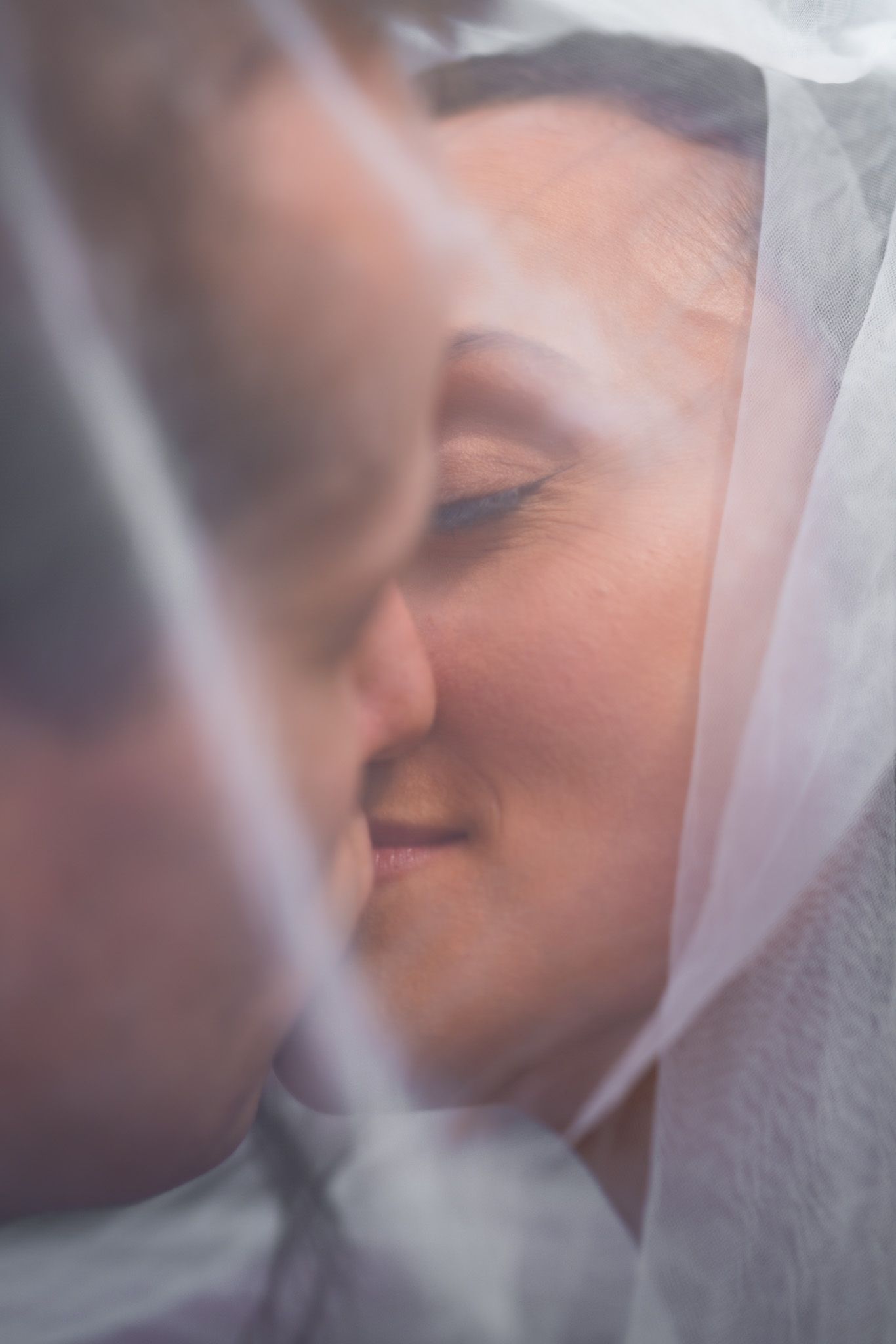 Intimate close-up of couple under delicate wedding veil.